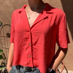 Bright Red Cropped Shirt. So Cute And Comfortable For Casual Wear. Flowy Fabric. Great With Jeans Or A Skirt. Never Worn. Too Big For Me. -In Excellent Condition -From A Smoke Free House -Ready To Wear- Just Washed And Ironed -Make Me An Offer! Vacation Collared Rayon Tops, Collared Rayon Tops For Vacation, Vacation Rayon Collared Tops, Casual Collared Beach Blouse, Casual Beach Blouse With Collared Neckline, Casual Collared Rayon Shirt, Casual Rayon Collared Shirt, Red Collared Top For Summer, Casual Summer Blouse With Collar