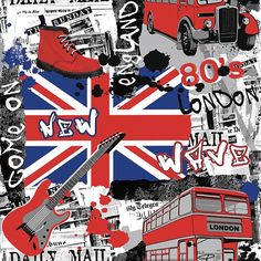 the british flag is surrounded by many different types of things in this collage, including a bus and a guitar