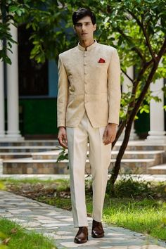 Beige linen bandhgala blazer featuring embroidery and pintuck detailing. - Aza Fashions Designer Tailored Bandhgala For Eid, Designer Tailored Kurta For Semi-formal Occasions, Traditional Tailored Sherwani For Semi-formal Occasions, Designer Bandhgala With Resham Embroidery For Semi-formal Occasions, Traditional Tailored Semi-formal Sherwani, Tailored Nehru Jacket For Festive Eid, Tailored Nehru Jacket For Festive Occasions, Eid, Formal Embroidered Raw Silk Nehru Jacket, Traditional Tailored Bandhgala With Resham Embroidery