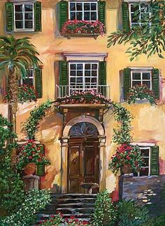 a painting of a house with green shutters and red flowers on the front door