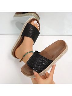 The glitter slides are adorned with sparkly rhinestones, creating a celestial effect reminiscent of a starry sky. The exquisite and sophisticated design is ideal for various occasions.The women's sandals packed with the comfort and support of arch support and heel cupping. Our products are designed to make you feel comfortable, relaxed and free wherever you are, indoors or out.Ultra Soft Support - Our soft footbed features a layer of soft padding sandwiched between the woven midsole layer and th Glitter Slides, Open Toe Slippers, Flat Mules, Platform Slides, Footbed Sandals, Leather Slides, Womens Sandals Flat, Flat Sandals, Slide Sandals