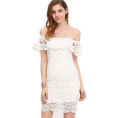 White Off The Shoulder Strapless Lace Ruffle Bodycon Dress








Shoulder
(cm)
Bust
(cm)
Waist Size(cm)
Length
(cm)
Sleeve Length(cm)


XS
-
72
63
68
-


S
-
76
67
69
-


M
-
80
71
70
-


L
-
84
75
71
-


XL
-
-
-
-
-


XXL
-
-
-
-
-


One Size
-
-
-
-
-


"Size mearsured by ourselves,
sometimes has some errors, but always within 3cm."Modeled on a size S.
Model's Profile: Height: 174cm/5'9" , Bust: 86cm/34" , Waist: 60cm/24" , Hip: 90cm/35" White Fitted Off Shoulder Feminine Dress, Feminine White Off-shoulder Dress With Ruffles, Summer Feminine Off-shoulder Bodycon Dress, White Fitted Off Shoulder Dress For Spring, Spring Fitted White Off Shoulder Dress, Spring White Fitted Off Shoulder Dress, Feminine Fitted Off Shoulder Dress For Brunch, Off-shoulder Ruffled Bodycon Dress For Spring, Spring Off-shoulder Ruffled Bodycon Dress