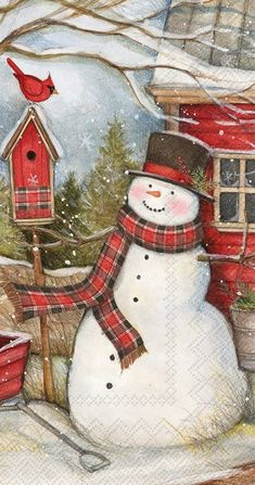 a painting of a snowman in front of a birdhouse with a cardinal on it