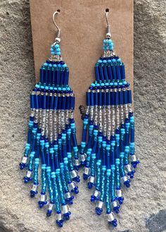 Blue and Silver Seed Bead Earrings 4 inches Beaded Earrings Native, Native Beadwork, Brick Stitch Earrings, Magical Jewelry, Denim Crafts, Fashion Jewelry Earrings, Earring Patterns, Seed Bead Earrings, Bead Jewellery