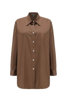 This slightly oversized button down shirt is not your usual work outfit Natural seashell buttons make each shirt one-of-a-kind, and its sharp collar flaps stand out when layered under a jacket. Style #: WWSH916 Oversized Brown Shirt For Workwear, Oversized Business Shirt With Button Closure, Collared Shirt With Button Closure For Layering, Oversized Brown Shirt With Button Closure, Oversized Office Blouse With Fold Down Collar, Oversized Brown Collared Blouse, Collared Solid Shirt For Layering, Oversized Button-up Shirt For Office, Fall Workwear Shirt With Covered Buttons