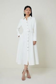 Tailored Compact Stretch Belted Shirt Dress | Karen Millen Classic Belted Shirt Dress For Semi-formal Occasions, Elegant Long Sleeve Midi Dress With Belted Cuffs, Elegant Long Sleeve Belted Shirt Dress, Chic Belted Shirt Dress, Elegant Fall Dresses With Belted Cuffs, Elegant Spring Shirt Dress With Belted Cuffs, Elegant Spring Maxi Dress With Belt, Formal Shirt Dress With Belted Cuffs For Fall, Long Sleeve Belted Dress For Daywear