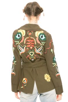 Embroidered beaded convertible collar jacket with belt and belt loops Army Dry clean only 100% cotton 57794.7623ETD Duster Dress, Convertible Collar, Maxi Kimono, Texas Shirts, Army Jacket, Collar Jacket, Embroidered Clothes, Signature Look, Embroidered Jacket