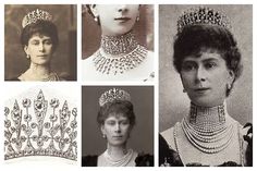 four pictures of different tiaras and necklaces in black and white, with the caption queen elizabeth ii