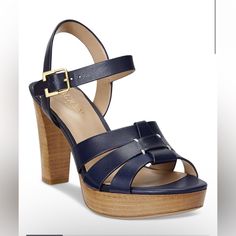 Lauren Ralph Lauren Women's Soffia Ankle-Strap Slingback Dress Sandals No Original Box . Color: Refined Navy Size 9 Signature Style Pairs With All-Day Comfort In The Strappy Silhouette Of The Lauren Ralph Lauren Soffia Platform Sandals. 2-3/4" Stacked Leather Heel Round-Toe Ankle-Strap Slingback Platform Sandals With Adjustable Buckle Closure Woven Detailing At Straps Padded Footbed For Added Comfort Leather Upper; Polyurethane Lining; Rubber Sole Icon Clothing, Sandal Style, Ralph Lauren Purple Label, Ralph Lauren Womens, Dress Sandals, Signature Style, Lauren Ralph Lauren, Platform Sandals, Leather Heels