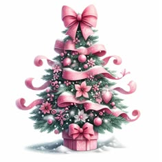 a christmas tree decorated with pink bows and balls is shown in this hand drawn drawing