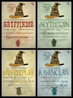 four harry potters posters are shown in different colors