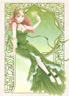 a woman in a green dress holding a butterfly