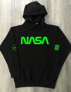 Nasa Streetwear Hoodie Black & Lime Trendy Sports Hoodie With Logo Print, Green Hooded Sweatshirt With Logo Print, Green Hip Hop Hoodie With Letter Print, Green Hip Hop Hoodie With Crew Neck, Green Techwear Hoodie, Green Crew Neck Hoodie In Hip Hop Style, Casual Green Hoodie With Logo Print, Green Crew Neck Sportswear Hoodie, Black Logo Print Hoodie Sweatshirt