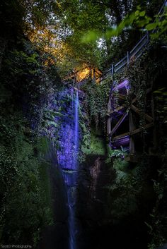 a small waterfall in the middle of a forest with a lit up bridge above it