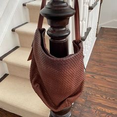 Brown Woven Leather Tote Brown Woven Leather Top Handle Bag, Brown Woven Leather Bag With Top Handle, Brown Top Handle Bag With Woven Leather, Leather Woven Leather Bucket Bag For Errands, Brown Woven Leather Hobo Shoulder Bag, Brown Woven Leather Shoulder Bag, Brown Woven Leather Tote Bag, Brown Woven Leather Shoulder Bag For Travel, Woven Leather Satchel Bag