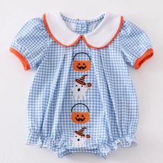 Blue Peter Pan Collar Pumpkin Embroidery Bubble Romper (3-18m) - Blue Plaid - AT NOON STORE Traditional Baby Clothes, Ghost Embroidery, Bubble Clothes, Halloween Applique, Blue Plaid Pattern, Blue Peter, Mom Hats, Baby Co