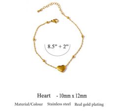 The Gold 18K PVD Heart Anklet is a stylish and eye-catching accessory that adds a touch of elegance and charm to your ankles. Crafted from high-quality materials, this anklet features a delicate chain made of 18K gold-plated metal, which ensures durability and a luxurious shine. The highlight of this anklet is the heart-shaped charm, intricately designed with a polished surface and a warm golden hue. The heart symbolizes love, affection, and emotional connection, making it a meaningful addition Trendy Gold Heart Bracelet With Adjustable Chain, Dainty Gold Metal Heart Bracelet, Adjustable Heart Metal Anklets, Trendy Gold Heart Bracelet With Chain, Adjustable Heart-shaped Metal Anklet, Heart-shaped Metal Anklets For Gift, Heart-shaped Metal Anklets As Gift, Elegant Metal Anklets Gift, Elegant Metal Anklets As Gift