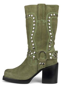 Square-toe mid-calf heeled western boot with stud detail and harness Fits true to size Measurements taken from a size 7 3.25" Heel, 0.75" Platform 10" Shaft, 14" Opening Leather Upper, Leather Lining, Synthetic Sole Shoe Inspo, Western Boot, Fall Fits, Swag Shoes, Jeffrey Campbell Shoes, Mode Inspo, Green Suede, Dream Shoes, Mode Vintage