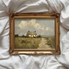 an oil painting on canvas of a house in the middle of a field with flowers