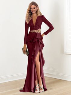 Sheath/Column V-Neck Long Sleeves Mother of the Bride Dresses Whit Cre - Mondressy Wedding Party Accessories, Sequin Sleeve, Dresses Quinceanera, Evening Dresses Cocktail, Wedding Guests, Bride Dresses, Quinceanera Dresses, Buy Dress, Mother Of The Bride Dresses