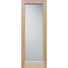 a wooden door with frosted glass on the top and bottom panel, in light wood