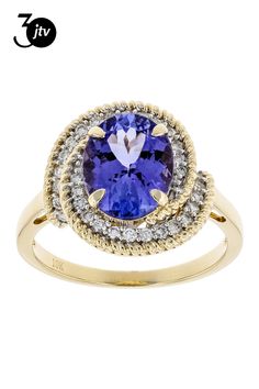 2.90ct Oval Blue Tanzanite With .27ctw Round White Diamonds 10k Yellow Gold Ring. Measures approximately .59"L x .57"W. White Rhodium. Blue Tanzanite, Yellow Gold Ring, White Diamonds, 10k Gold, Yellow Gold Rings, Diamond White, Gold Ring, Gold Rings, Diamonds