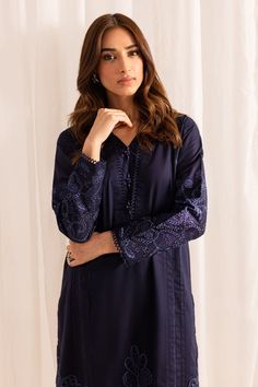 Product Description: Embroidered Chikankari Lawn Shirt Paired With Embroidered Cotton Trouser V-neck Tops With Resham Embroidery For Eid, Resham Embroidery V-neck Tops For Eid, Embroidered V-neck Kurta For Eid, Eid Long Sleeve Blouse With Embroidered Sleeves, Blue Floral Embroidered Tops For Eid, Blue Tops With Floral Embroidery For Eid, Eid Straight Kurta With Tonal Embroidery, Traditional Long Sleeve Tops With Tonal Embroidery, Eid Resham Embroidery Straight Kurta Tops