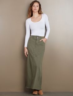 Details of old, made new. Beautiful waist/button detail, with pieced Premium denim construction, the Pieced Denim Maxi Skirt from Wash Lab is a must-own classic. The cover model is 5'9" wearing a size 26 Fabric: 95% Cotton 4% Polyester 1% Spandex Length: 39.25" from waist Dusty Green, Skirt Denim, Denim Maxi, Denim Maxi Skirt, Fashion Jeans, Cover Model, Casual Friday, Green Skirt, Maxi Skirts