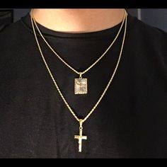 Both Are Real 14k Gold Bonded To Solid .925 Silver! Gold Chain 14k Gold Vermeil Rope Chains With Jesus Square And Cross Set Made In Italy! Includes Both Sets! Durable Tarnish Resistant Coating. Can Be Worn In Water Or Shower Gold Vermeil Is A Layer Of Real 14k Gold Over .925 Sterling Silver. It Is More Valuable And Durable Then Regular Plating. Can Last For Years! High Quality And Durable. Has Good Weight To It. Jewelry Box Included Ships Within The Same Or 1 Day Delivered In 2-3 Business Days Finding Style, Gold Rope Chains, Gold Bond, Cross Chain, Mens Accessories Jewelry, Mens Gold, Chains For Men, Rope Chain, Men Necklace