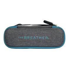 a gray and blue case with the word, the breather on it's side