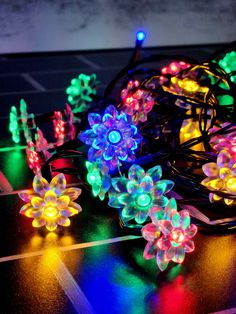 colorful lights that are on top of a table