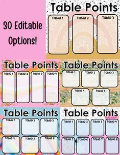 printable table points and tables with numbers for each point on the table, which are numbered