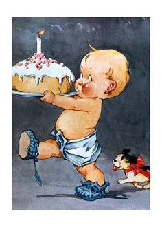 a painting of a baby running towards a birthday cake with a dog on the side