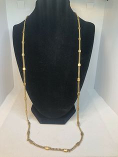 BOTH ART DECO AND MINIMALIST LOVELY GOLD TONE CHAIN WITH RECTANGULAR BEADS IN GOLD, CAN BE WORN SINGLE OR DOUBLED, WEAR IT UP OR DOWN, PICS-More Treasures Here- https://www.etsy.com/shop/TreasureFoundToShare Rectangular Metal Necklace With Adjustable Chain, Modern Gold Lariat Necklace, Modern Gold Metal Lariat Necklace, Modern Adjustable Chain Necklace As Gift, Metal Long Necklace With Adjustable Chain As Gift, Modern Gold Box Chain Necklace, Modern Adjustable Gold-tone Necklace, Modern Adjustable Yellow Gold Chain Necklace, Gold-tone Metal Chain Necklace For Jewelry Making