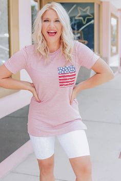 Pink Only In America Pocket Striped T-shirt Summer Flag Print T-shirt With Relaxed Fit, Casual Crew Neck T-shirt With Flag Print, Spring Crew Neck T-shirt With American Flag Print, Trendy American Flag Print T-shirt For Spring, Spring American Flag Print Crew Neck Shirt, Spring Short Sleeve Shirt With American Flag Print, Spring Crew Neck Shirt With American Flag Print, American Flag Print Crew Neck Shirt For Spring, Casual American Flag Print Short Sleeve Tops