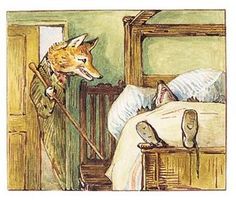 a painting of a fox in a green suit and hat standing next to a bed