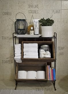 a bathroom shelf with towels and other items labeled on the shelves above it, along with toilet paper