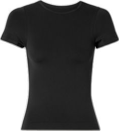 High Stretch Seamless Scoop Neck T-shirt, Basic Seamless Snug Fit T-shirt, Fitted Black Athleisure T-shirt, Casual Black Seamless T-shirt, Fitted Crew Neck Workout T-shirt, Athleisure Snug Fit Crew Neck T-shirt, Snug Fit Crew Neck Athleisure T-shirt, Fitted Crew Neck T-shirt For Workout, Snug Fit Crew Neck T-shirt Athleisure