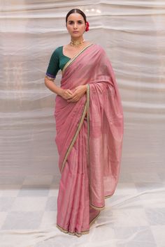 Pink chanderi silk brocade saree with zardozi hand embroidered border. Comes with running blouse.
Component: 1
Pattern: Embroidered
Type Of Work: Zardozi Lace Border
Fabric: Chanderi Silk 
Color: Pink
Other Details: 
Contrast border
Note: The blouse worn by the model is not for sale
Occasion: Mehendi and Haldi,Puja - Aza Fashions Saree Color Combinations, Brocade Saree, Border Fabric, Chanderi Silk Saree, Plain Saree, Saree For Women, Embroidered Saree, Embroidered Border, Quotes Pictures