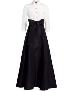 Carolina Herrera Black and White Belted Trench Gown Collar ¾ length sleeves; button cuffs Half button front placket Front bow detail Side slip pockets Flare skirt Maxi length 100% silk Elegant Gown With 3/4 Sleeves For Formal Occasions, Elegant Formal Gown With 3/4 Sleeves, Silk Long Sleeve Dress With Button Closure, Classic Formal Gown In Satin, Classic Satin Gown For Formal Occasions, Classic Formal Satin Gown, Long Sleeve Satin Gown For Formal Occasions, Chic Long Sleeve Formal Gown, Silk Dress With Button Closure For Fall