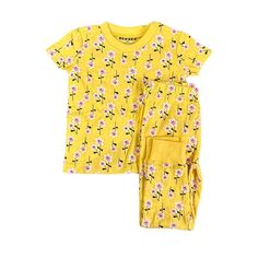 Yellow Flowers Shortsleeve Pajamas Spring Printed Sets For Sleepovers, Printed Sets For Spring Sleepover, Printed Sets For Spring Sleepovers, Spring Printed Sleepover Sets, Printed Relaxed Fit Sleepwear For Sleepover, Casual Floral Print Sets For Sleepover, Printed Relaxed Fit Sleepwear, Casual Floral Print Sleepover Sets, Cotton Printed Pajama Shorts For Sleepover