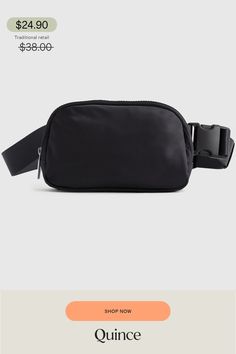 Here’s a unique way to bottle up waste. We transformed 4 plastic bottles into a super functional (and totally stylish) belt bag. Whether you're going for a walk, running errands, or attending a music festival, our Revive Nylon Belt Bag is the ideal accessory to keep your hands free and your belongings secure. Our premium, silky smooth nylon is ultra-durable, water-resistant, and lightweight, making it perfect for daily use.  | Quince | Women's Revive Nylon Belt Bag in Black Gold Chain Link Necklace, Going For A Walk, Leather Jacket With Hood, Bezel Necklace, Bezel Diamond, Recycle Plastic Bottles, Chain Link Necklace, Free Bag, Quince