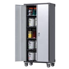 a metal storage cabinet with wheels and shelves