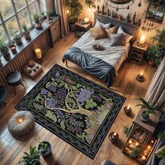 a bedroom with wooden floors and lots of plants on the wall, along with a large rug