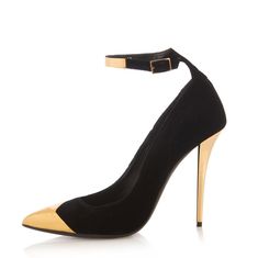 Elevate your style with these chic Black Gold ankle-strap heels. Featuring a pointed toe and stiletto heel design, these pumps exude sophistication and glamour for any special occasion. Color: Black and gold Heel Type: Stiletto heel Heel height: 4" / 100 mm approx Product measurements were taken using size 8. Please note that measurements may vary by size. Toe: Pointed toe Adjustable ankle strap design Metallic gold cap toe design Handcrafted US sizing. Fits true to size. Elegant Ankle Strap Heels With Contrasting Heel Counter, Party Slingback Pumps With Contrasting Heel Counter, Party Slingback Pumps With Contrasting Heel, Chic 4-inch Heel Ankle Strap Heels, Chic Slingback Pumps With Contrasting Heel For Party, Party Court Shoes With Ankle Strap And Contrasting Heel, Chic Pointed 4-inch Heels, Chic Pointed Court Shoes For Evening, Party Ankle Strap Court Shoes With Sculpted Heel