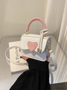 BagForLove - Compact Heart Patch Flap Square Bag Cute White Bag For Valentine's Day, Cute White Bags For Valentine's Day, Trendy White Heart-shaped Shoulder Bag, White Heart-shaped Shoulder Bag For Daily Use, White Shoulder Bag For Valentine's Day, White Heart-shaped Shoulder Bag For Valentine's Day, White Crossbody Bag For Valentine's Day, White Rectangular Bag With Heart Print, Cute Heart Print Bags