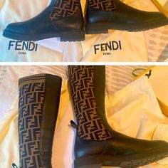 Fendi Knee Boots Black & Brown The Letter F Printed On Upper Back Boots 8.5 Size Designer Flat Heel Boots For Fall, The Letter F, Knee Boots Black, Letter F, Fendi Shoes, Boots Black, Shoes Heels Boots, On Back, Knee Boots