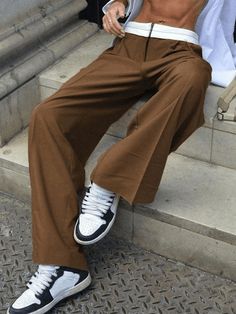 ⚡️Buy Harajuku Y2K Basic Oversized Pants Brown L under $36.00 in Tailored Pants Online. Style: Casual/Street/Basics/Workwear/Vintage/Y2K. Fabric Content: Polyester, Spandex. Fit Type: Relax fit. : These trousers feature a contrast paneled waist design, shaped to relax silhouette, with functional pockets, pleated seam detailing and zip fly with hook fastening at front.. ✓Free Shipping on all orders over US$69. Brown Pants Outfit Casual, Aesthetic Brown Clothes, Aesthetic Brown Outfits, Brown Pants Outfit, Y2k Fabric, Aesthetic Closet, Brown Clothes, Chic Office Wear, Mini Skirt Party