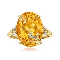 Ross-Simons - 9.50ct Citrine Ring, Diamond Accents in 18kt Yellow Gold Over Sterling. Size 7. Bask in the fiery radiance of this glamorous citrine ring - you'll feel its illuminating effects instantly! The 9.50 carat oval citrine centerpiece is garnished with fanciful swirled decor of diamond accents and polished 18kt yellow gold over sterling silver. 5/8" wide. Citrine ring. Citrine birthstones are the perfect gift for November birthdays. Scorpion Jewelry, Citrine Birthstone, Citrine Jewelry, Ring With Diamond, Citrine Ring, Silver Wedding Rings, Citrine Stone, Sterling Jewelry, November Birthstone