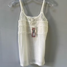 Brand New, Never Worn, Tags Attached, Women’s White Italian Lace Camisole With Beautiful Ruffle And Lace Details Across Bust, Purchased In Italy Cream Camisole For Spring Daywear, Spring Cream Camisole For Daywear, Cream Cami Top For Daywear, White Italian, Lace Camisole, Lace Cami, Lace Detail, Milan, Shirt Blouses